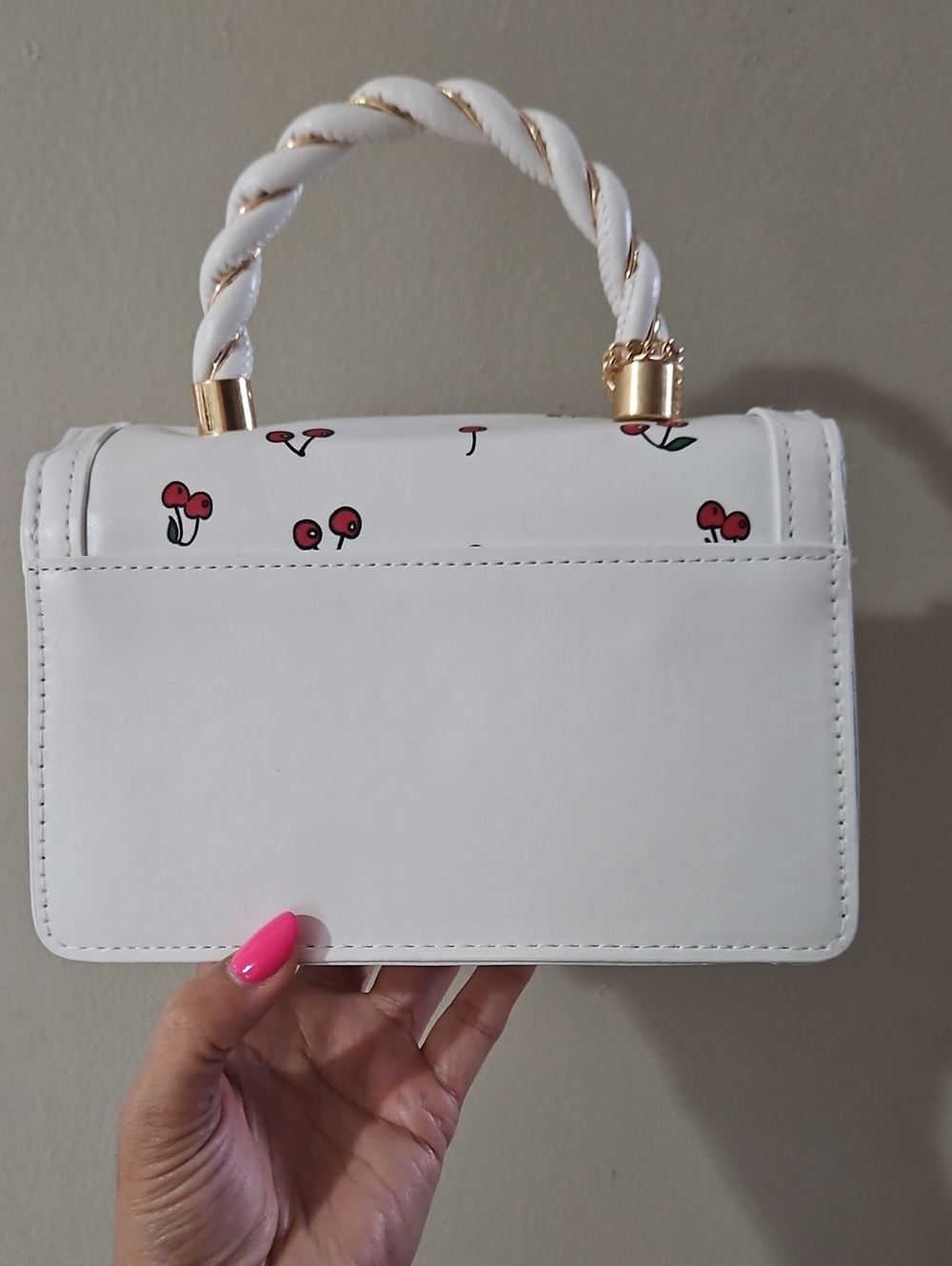 Cherry Print Mini Crossbody Bag White Gold Hardware Cherry Charm - Picture 7 of 7